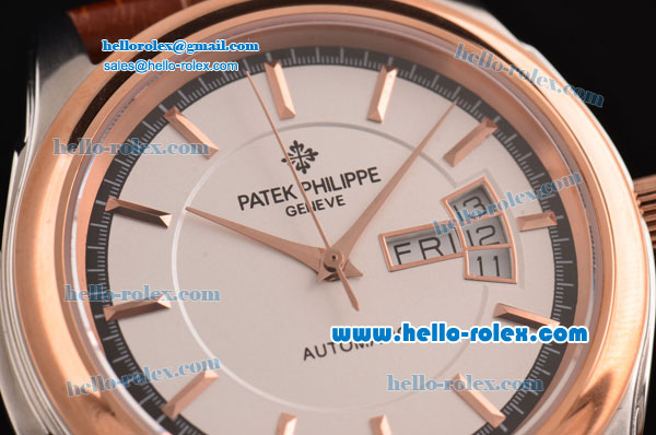 Patek Philippe Calatrava Swiss ETA 2824 Automatic Steel Case Rose Gold Bezel with Brown Leather Strap White Dial Stick Markers - Click Image to Close